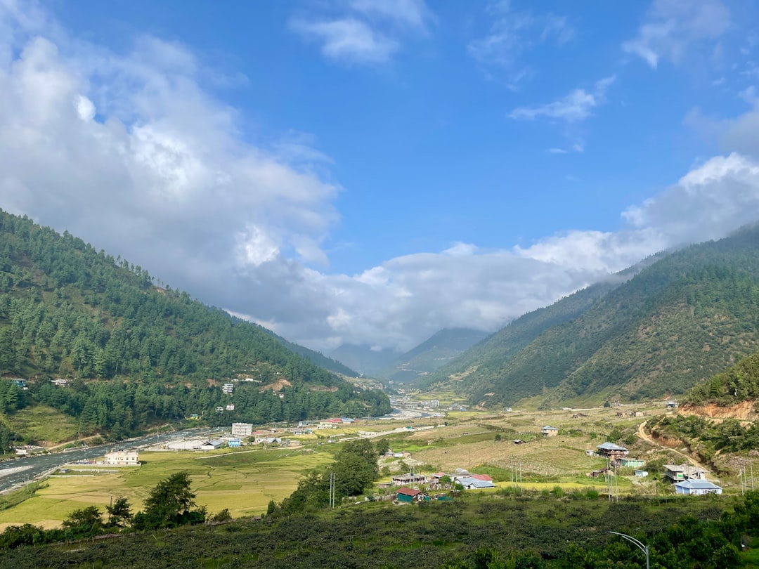 A green Bhutanese valley of rice terraces and forested mountains
