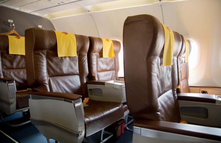 Spacious cabin seats on board a Bhutan Airlines aircraft
